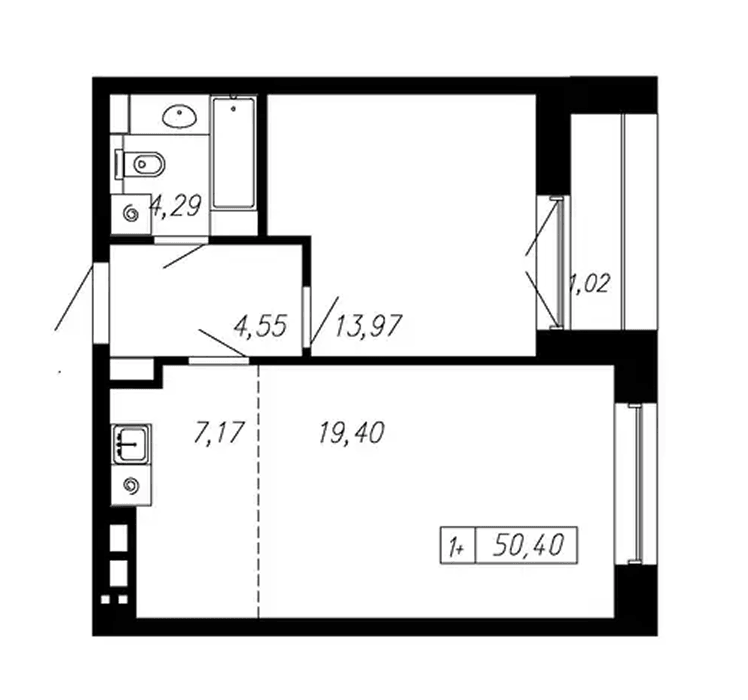 Планировка 1-комнатной 50,40 м² в ЖК «Первый Триумф», Донецк