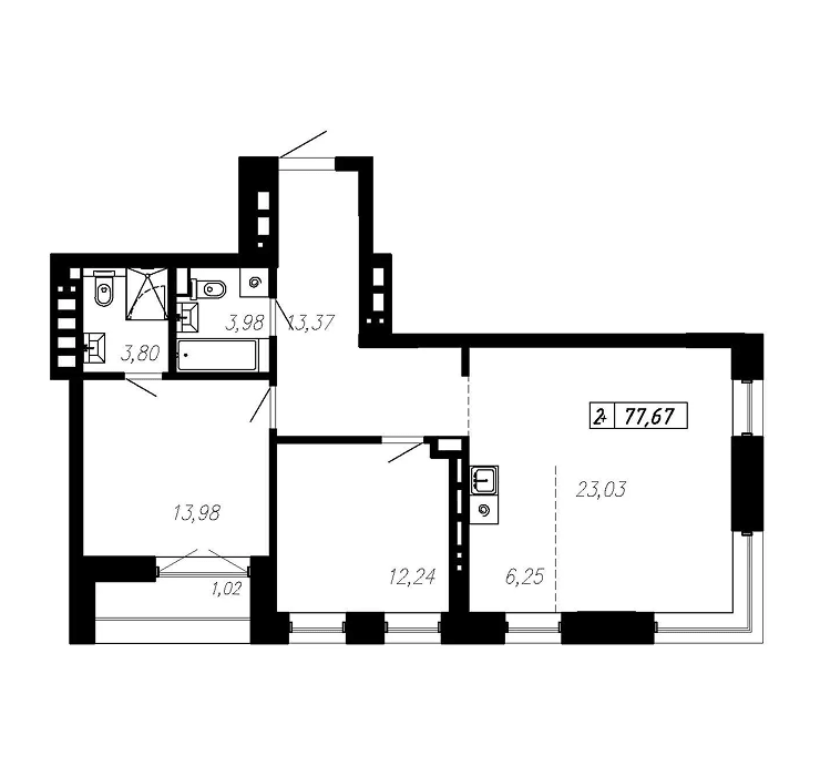Планировка 2-комнатной 77,67 м² в ЖК «Первый Триумф», Донецк
