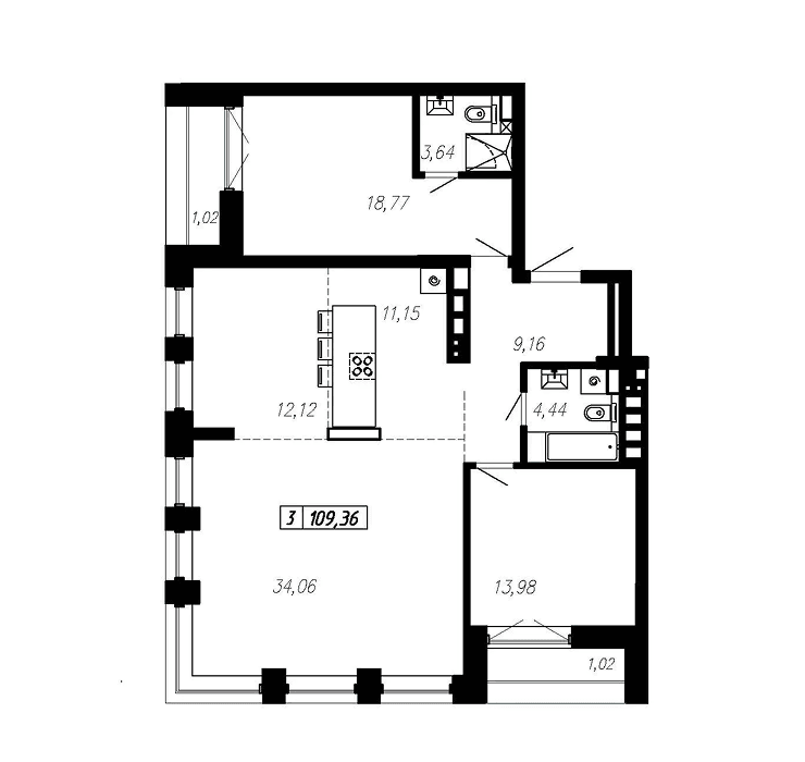 Планировка 3-комнатной 109,36 м² в ЖК «Первый Триумф», Донецк