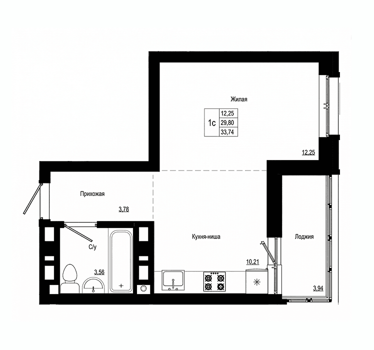 Планировка студии 33,74 м² в ЖК «Первый Триумф», Донецк